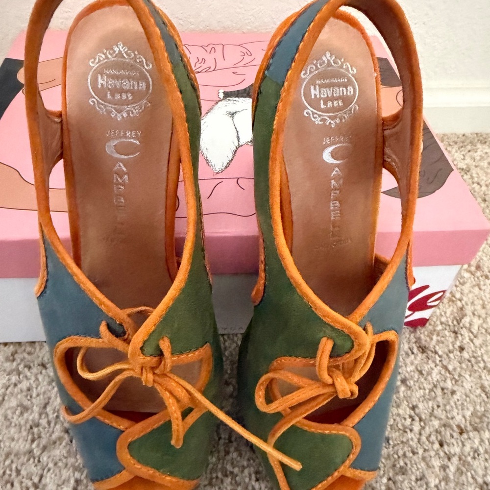 Jeffrey Campbell Green & Teal Suede Peep-Toe Slingbacks with Orange Trim - Picture 5 of 6